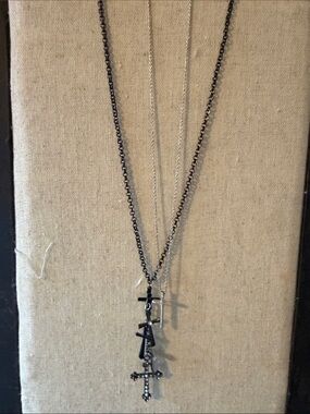 Layered Cross Necklace Set- Black & Silver